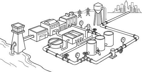 Line art vector of isometric water treatment plant, purification facility and pipeline