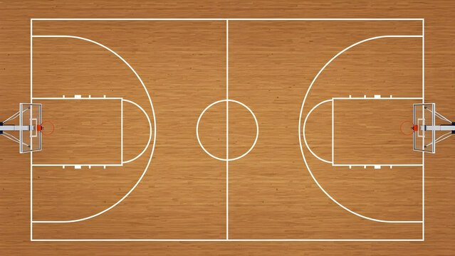 An overhead view of a basketball court with hoop and transparent background
