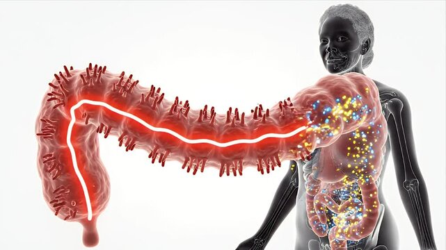Human Digestive System Large Intestine Anatomy Medical Animation Showing Bacteria and Inflammation in 3D CGI on White Background