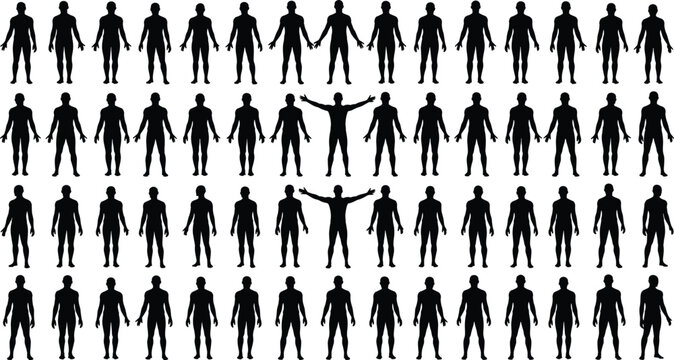 Human body silhouette collection showing male standing poses and gestures, anatomy reference figures set, black vector illustration of people icons isolated background