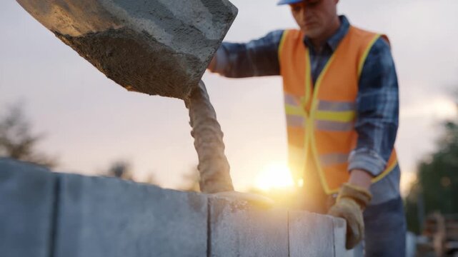 Construction worker pouring concrete: A focused construction worker diligently pours wet concrete onto blocks, demonstrating craftsmanship on a construction site amidst a dusky golden hour.