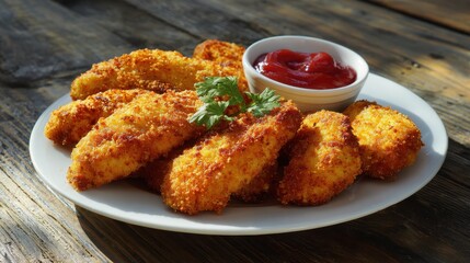 Comfort food dish featuring crispy chicken fingers and ketchup
