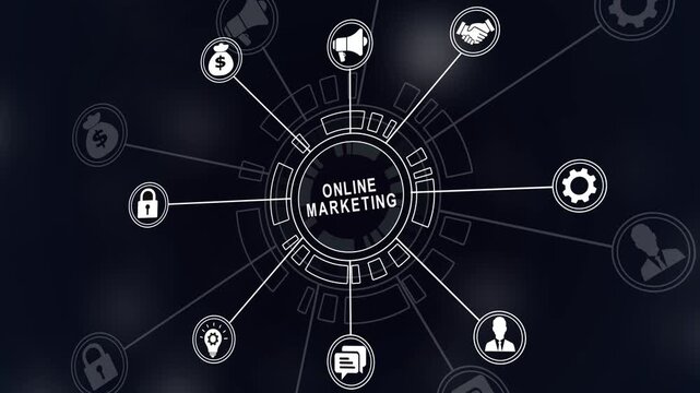 Online marketing concept with connected icons and central text digital marketing internet marketing Financial 4k icons on a virtual screen