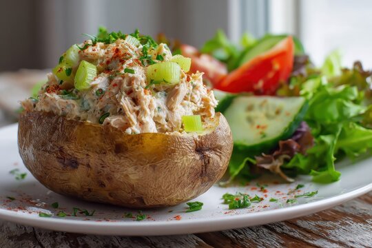 Comforting tuna mayo filled jacket potato served beside a fresh mixed greens salad