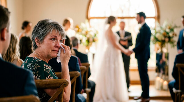Emotional guest wiping tears during wedding vows ceremony
