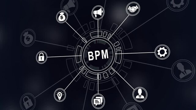 Business Process Management BPM circular diagram with icons and text on dark Financial 4k icons on a virtual screen. background workflow organization