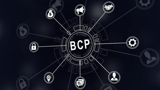 Business Continuity Planning BCP concept with icons on world map and black background Keywords: BCP, business continuity planning, world map, global, strategy, Financial 4k icons on a virtual screen.