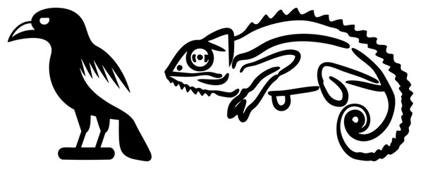 Obraz premium Raven silhouette and chameleon in minimalist black vector art, symbolic animal graphics, flat design wildlife, isolated foreground elements.