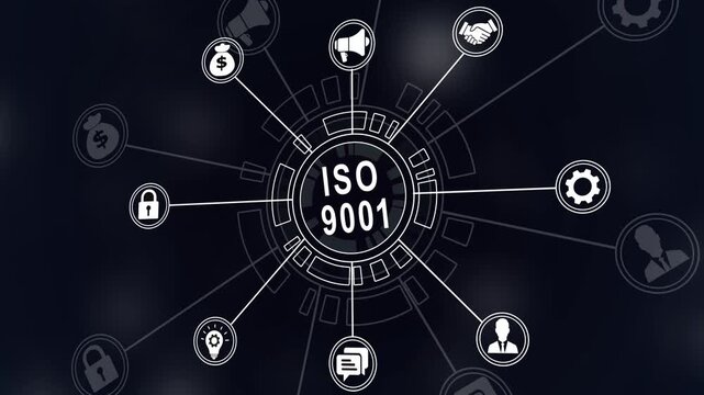 Quality control and ISO 9001 certification concept.ISO 9001 certified icons on for quality management of organizations.Financial 4k icons on a virtual screen.