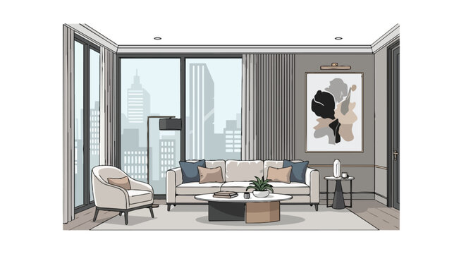 Stylish urban living room illustration with a panoramic city view and contemporary decor elements