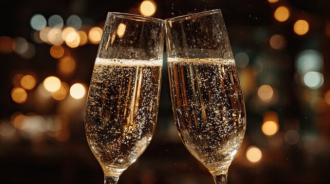 Champagne flutes clinking with golden bokeh background