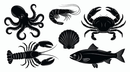 Obraz premium Marine Animal Silhouette Set Octopus Crab Lobster Shrimp Fish Scallop Shell