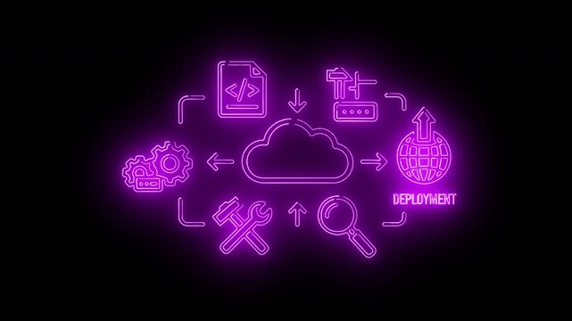 Neon-lit graphic illustration of a cloud surrounded by various icons on a black background with a purple glow.