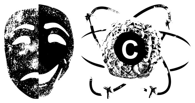 Dramatic stage mask split in half, atom with central "C" symbol,, artistic graphic, black and white, stencil style, symbolic representation.