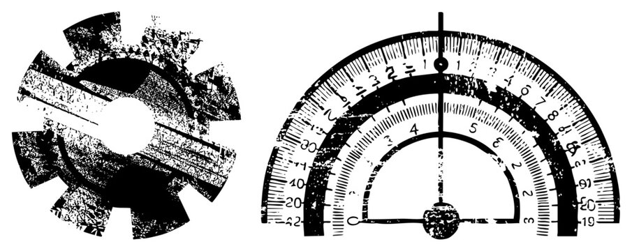 Worn industrial gear and drafting protractor with scale markings, technical drawing tools, engineering schematic, mechanical design, vector graphic.