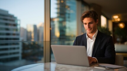 Fototapeta premium Business consultant unpacking laptop at airport lounge during layover, passport and boarding pass visible on sleek marble table, city skyline visible through floor-to-ceiling windows, perfect for