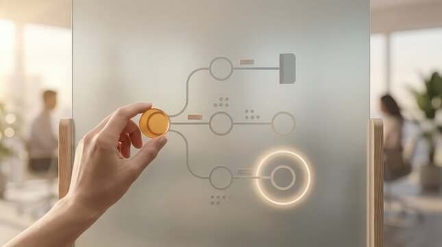 Human review moving amber decision token across frosted glass governance workflow with approval ring for oversight accountability header background