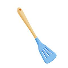 Blue silicone fork spatula with wooden handle, perfect for flipping, stirring, and cooking delicate foods, flexible, durable, and ideal for kitchen tasks.