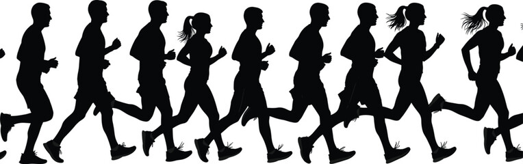 Obraz premium Silhouettes of diverse men and women running and jogging in a row for fitness exercise and marathon training vector illustration.