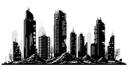Black and white cityscape illustration.
