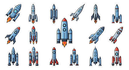 Collection of cartoon rockets and spaceships in various designs. © Janahchan
