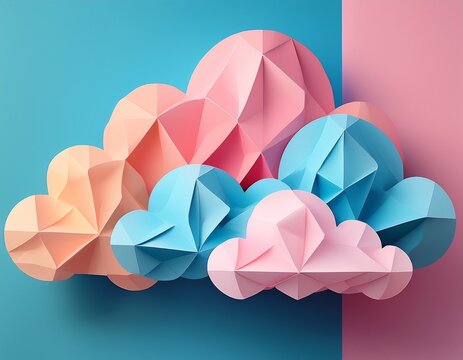 colorful paper origami cloud inspired abstract geometric shapes with low poly or polygonal faceted design on a minimal pastel blue and pink colored background