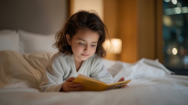 Guilty working mother FaceTiming bedtime story to kids from hotel, children in pajamas on screen holding favorite books, perfect for remote parenting, business travel, and modern motherhood theme