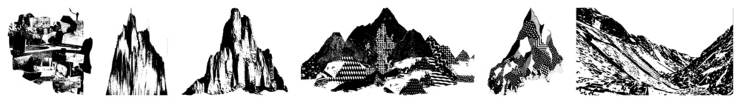 Stylized mountain ranges with textured, isolated peaks, geometric terrain, vector design, graphic illustration.