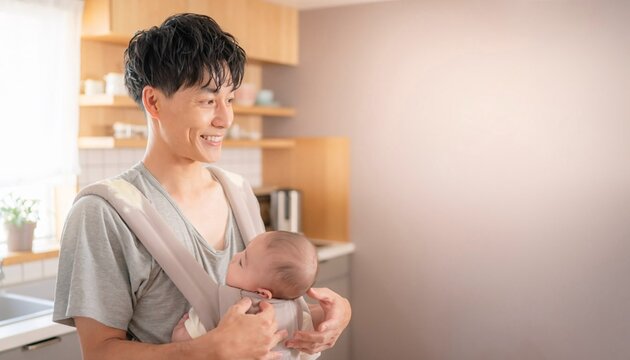 抱っこ紐で赤ちゃんをあやす笑顔の父親と明るいキッチン