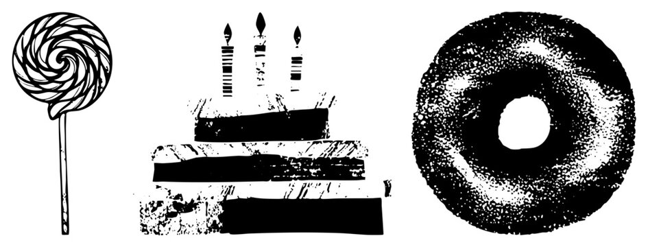 Festive birthday cake with candles, swirly lollipop, textured donut all in stark black halftone vector style. Sweet treats rendered with gritty texture and clean.