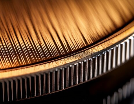 luxury macro of coin edge ribbing with brushed metal and micro scratches narrow spot and soft fill lighting create a warm metallic highlight emphasizing precision and fine detail