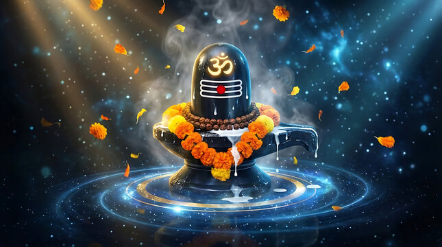 Mystical shiv lingam surrounded by blue cosmic light and falling flowers for a divine mahadev maha shivratri celebration with spiritual energy in a universe background