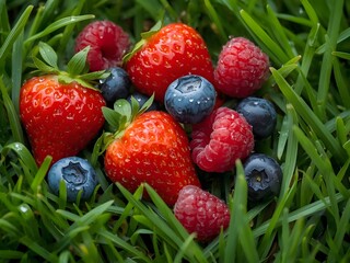 Obraz premium Close-up of strawberries, raspberries, and blueberries on lush green grass