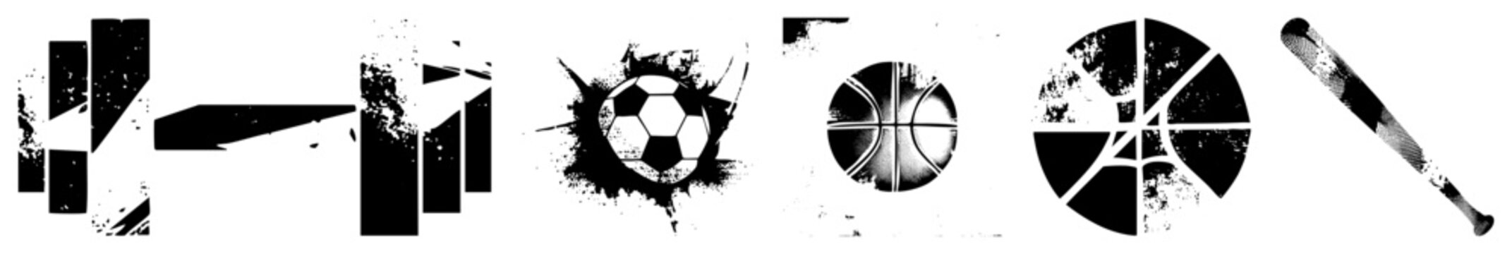 Black and white vector featuring fragmented shapes, soccer ball, basketball, and baseball bat with distressed texture, graphic design elements, isolated symbols.