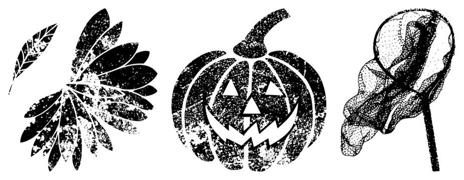 Grungy black vector of jack o&rsquo; lantern, fall foliage, and witch hat, isolated for seasonal design, spooky decor, or print.
