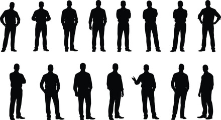 Set of male silhouette poses standing isolated on white background, different body language gestures collection, business people shadow figures © Jamal Creative