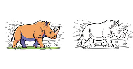 Cute cartoon rhinoceros illustration. Colored and black-and-white outline versions for children's coloring book page with savanna background. © MstTabassum