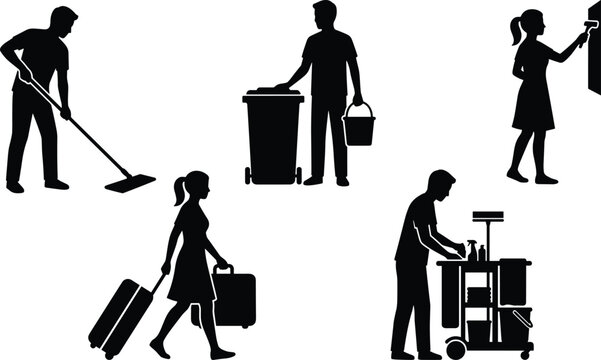 Cleaning service workers silhouette set, janitor mopping painting housekeeping trash disposal travel black vector isolated illustration collection