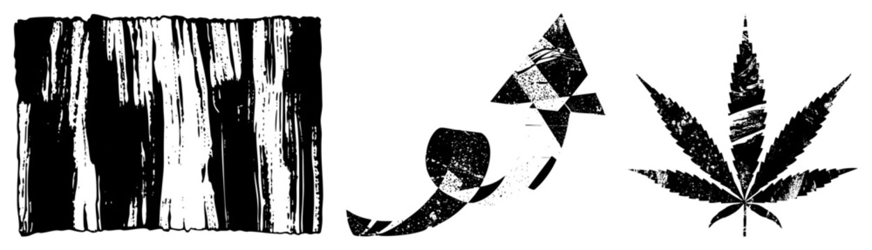 Distressed black and white vector tree bark texture, arrow, leaf. Urban street art, gritty design, stencil style, isolated foreground elements.