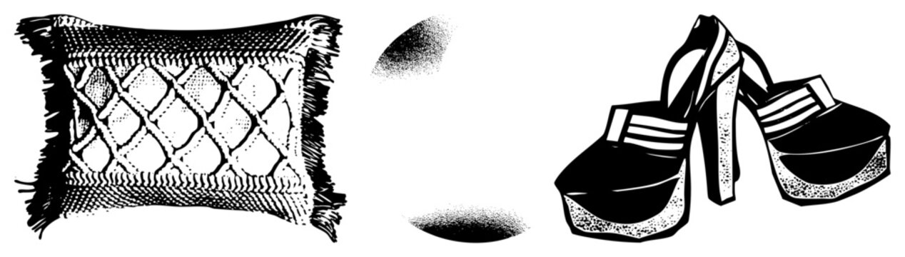 Textured decorative pillow with fringe and diamond, paired with bold platform heels fashion accessory vector, illustration, textile design, footwear art.