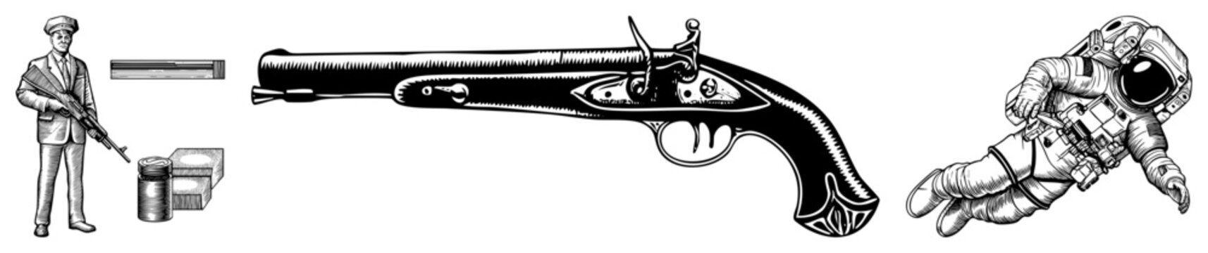 Historical flintlock pistol with ornate grip, soldier holding rifle beside ammunition, floating astronaut in space suit black and white vector illustration.