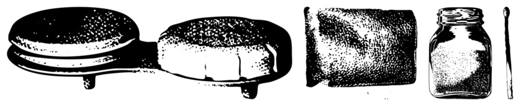 Classic sugar packet, glass jar with granulated sugar, wooden matchstick, halftone texture, retro kitchen items, sugar container, sweetener, pantry staples.