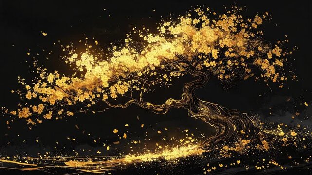 金インク描画桜日本風景アニメーション動画