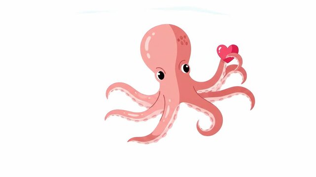 Cartoon octopus holding heart symbol isolated on white background