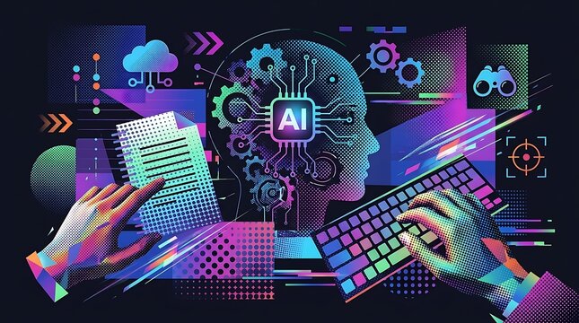 Trendy halftone collage AI brain with circuitry and data streams, representing artificial intelligence technology