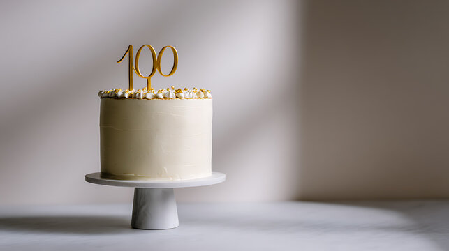 Elegant centenary celebration cake with golden '100' topper on a marble stand, illuminated by soft natural light for a sophisticated milestone birthday