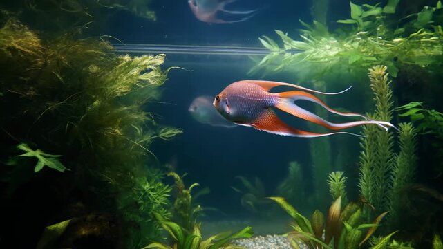 Vibrant Angelfish Swim Peacefully Among Dense Aquatic Vegetation Beneath Gentle Shimmering Illumination