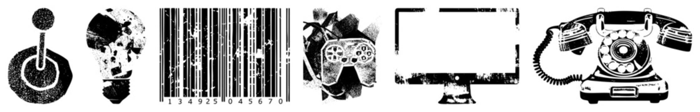 Retro tech including rotary phone, gaming controller, broken lightbulb, barcode, and monitor vector symbols for digital interfaces, UI design, and nostalgic tech themes.
