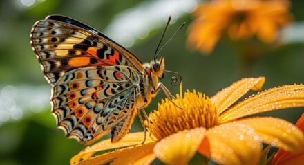 Obraz premium A vibrant butterfly with intricate patterns on its wings, perched on a yellow flower with orange centers, surrounded by green foliage and a blurred background of trees and flowers.