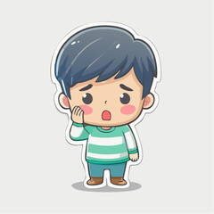 Obraz premium A cute kawaii character with a toothache, holding his cheek in pain, with a shocked expression on his face, in pastel colors.